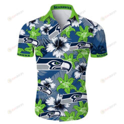 Seattle Seahawks Floral & Leaf Pattern Curved Hawaiian Shirt In Green & Blue