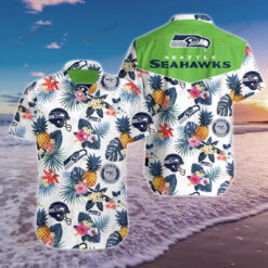Seattle Seahawks Floral & Pineapple Pattern Curved Hawaiian Shirt In White & Blue