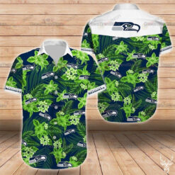 Seattle Seahawks Green Floral Pattern Curved Hawaiian Shirt On Navy Background