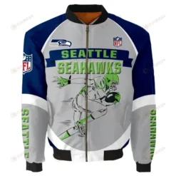 Seattle Seahawks Player Running Pattern Bomber Jacket - Gray And Blue