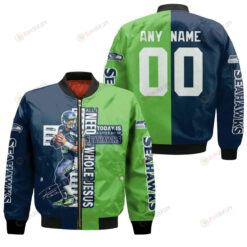 Seattle Seahawks With Custom Name Number Bomber Jacket - Green And Blue