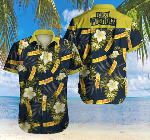 Sex Pistols Floral And Leaves Pattern Curved Hawaiian Shirt In Blue And Yellow