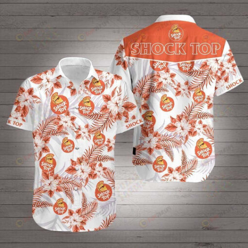 Shock Top Logo Floral And Leaves Pattern Curved Hawaiian Shirt In White