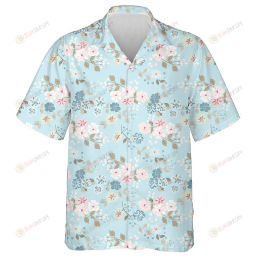 Simple Cute Pattern Small Flower Branches On Light Blue Art Design Hawaiian Shirt