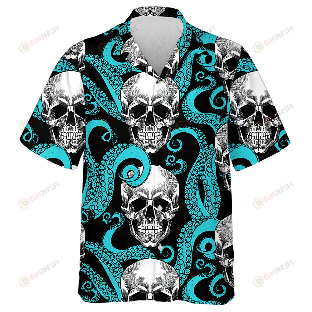 Sinister Human Skull And Blue Octopus Hawaiian Shirt