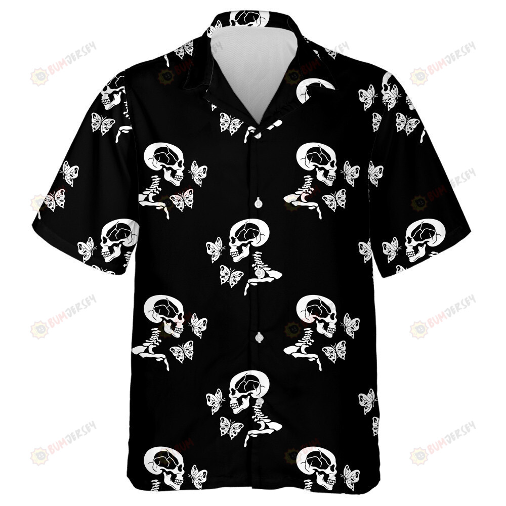 Skeleton Human Skull And Butterfly On Black Background Hawaiian Shirt