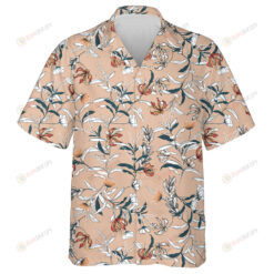 Sketch Trendy Orange Flower And Leaves Branches Coral Theme Design Hawaiian Shirt