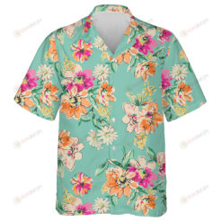Sketched Beautiful Flower Branches On Turquoise Background Design Hawaiian Shirt