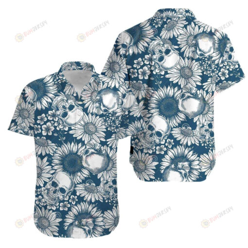 Skull Sunflower Blue Curved Hawaiian Shirt Short Sleeve