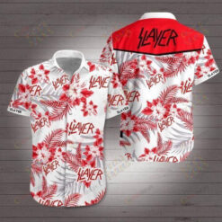 Slayer Leaf & Flower Pattern Curved Hawaiian Shirt In White & Red