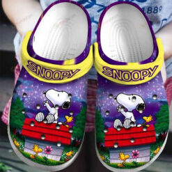 Snoopy Logo Flower & Leaf Pattern Crocs Classic Clogs Shoes In Purple & Yellow - AOP Clog