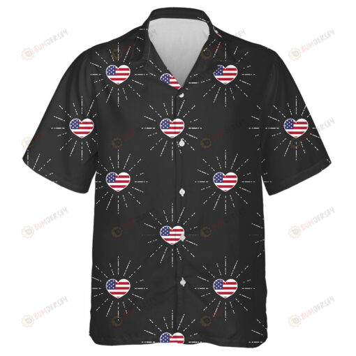 Sparkle Heart Shaped American Flag Monochrome Black Background Hawaiian Shirt