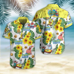 Spongebob Squarepants Floral & Leaf Pattern Curved Hawaiian Shirt In Colorfull