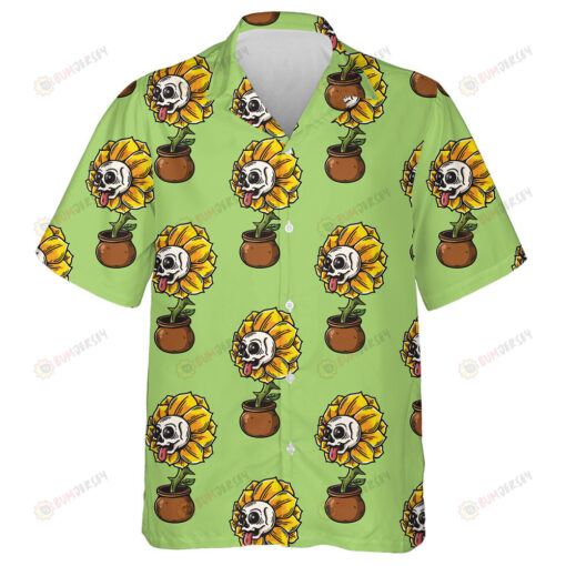 Spooky Skull Face Stick Out Tongue On Sunflower Pots Pattern Hawaiian Shirt