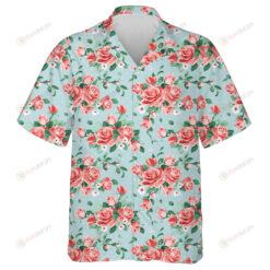 Spring Flowers Pink Rose Bouquet On Light Blue Design Hawaiian Shirt