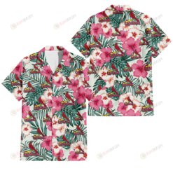 St. Louis Cardinals Coral Pink Hibiscus Green Leaf Beige Background 3D Hawaiian Shirt