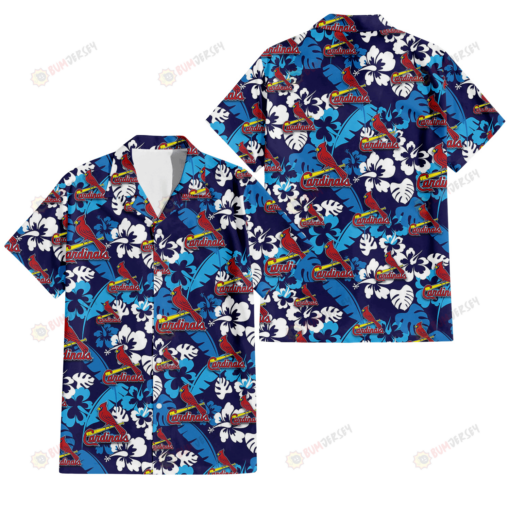 St. Louis Cardinals Light Blue Hibiscus Banana Leaf Navy Background 3D Hawaiian Shirt