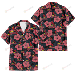 St. Louis Cardinals Light Coral Hibiscus Gray Leaf Black Background 3D Hawaiian Shirt