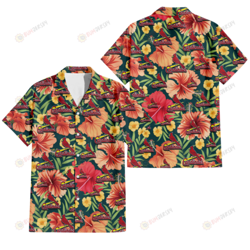 St. Louis Cardinals Orange Red Hibiscus Green Leaf Dark Background 3D Hawaiian Shirt