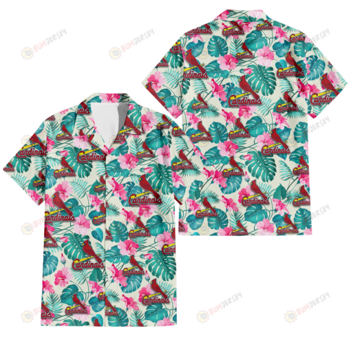St. Louis Cardinals Pink Hibiscus Green Leaf Beige Background 3D Hawaiian Shirt