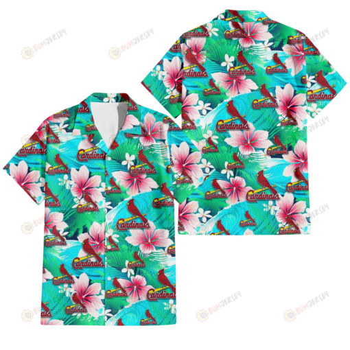 St. Louis Cardinals Pink Hibiscus Green Leaf Blue Background 3D Hawaiian Shirt