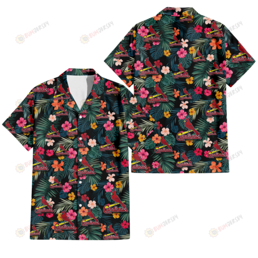 St. Louis Cardinals Pink Yellow Orange Hibiscus Big Tropical Leaf Black Background 3D Hawaiian Shirt