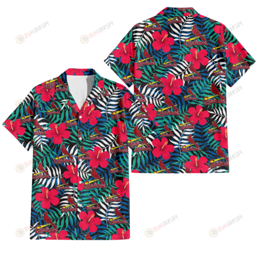 St. Louis Cardinals Red Hibiscus Green Blue White Leaf Black Background 3D Hawaiian Shirt