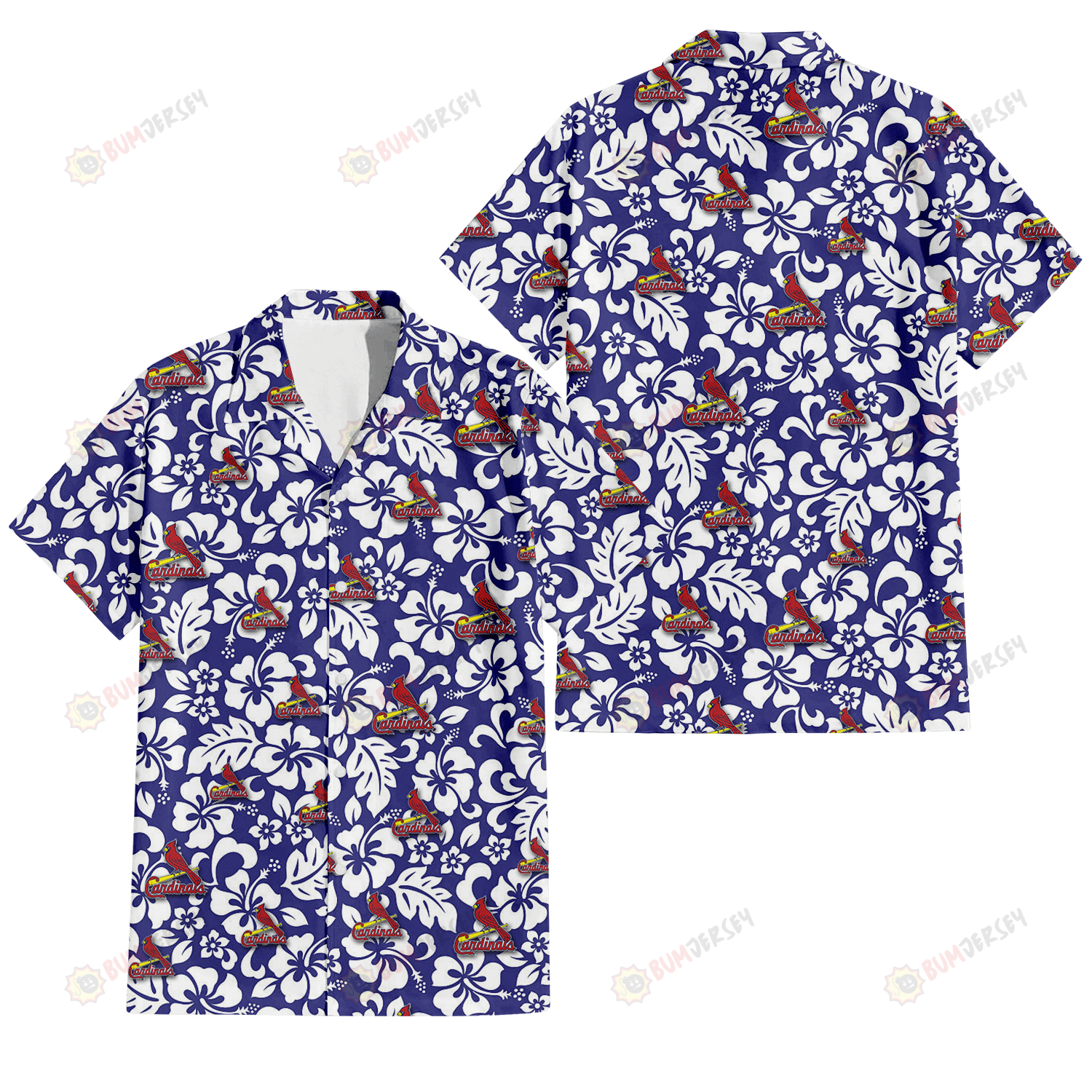 St. Louis Cardinals White Hibiscus Pattern Slate Blue Background 3D Hawaiian Shirt