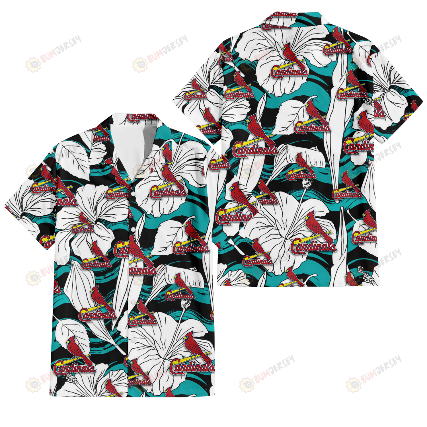 St. Louis Cardinals White Hibiscus Turquoise Wave Black Background 3D Hawaiian Shirt