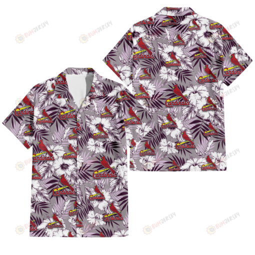 St. Louis Cardinals White Hibiscus Violet Leaves Light Grey Background 3D Hawaiian Shirt