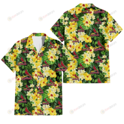 St. Louis Cardinals Yellow Hibiscus Tropical Green Leaf Black Background 3D Hawaiian Shirt