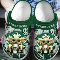 Starbucks Baby Yoda Logo Pattern Crocs Classic Clogs Shoes In White & Green - AOP Clog