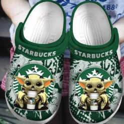 Starbucks Baby Yoda Pattern Crocs Classic Clogs Shoes In Green & White - AOP Clog