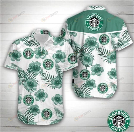 Starbucks Coffee Hibiscus Curved Hawaiian Shirt Dnstyles In Green White
