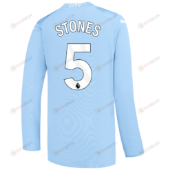 Stones 5 Manchester City 2023/24 Long Sleeve Home Jersey - Sky Blue