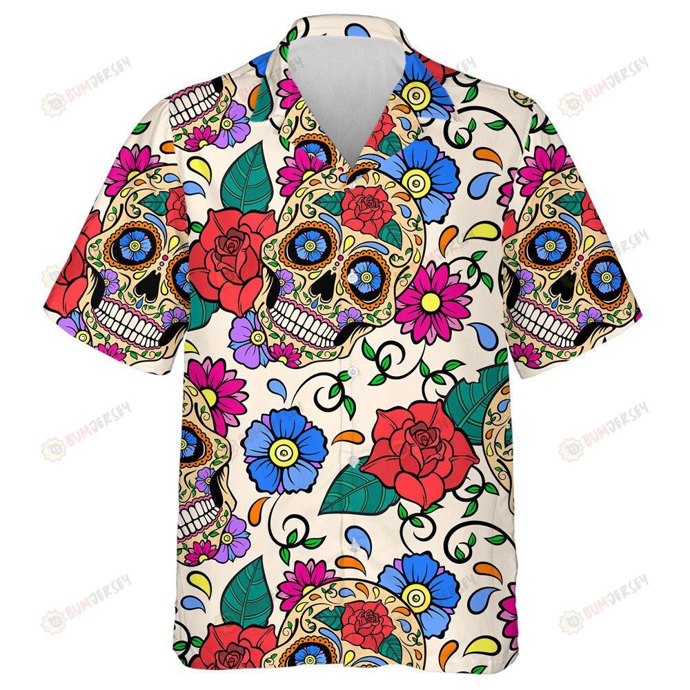 Sugar Skull Mexican With Beautiful Roses Hawaiian Shirt