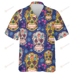 Sugar Skull Mexican With Floral On Blue Background Hawaiian Shirt