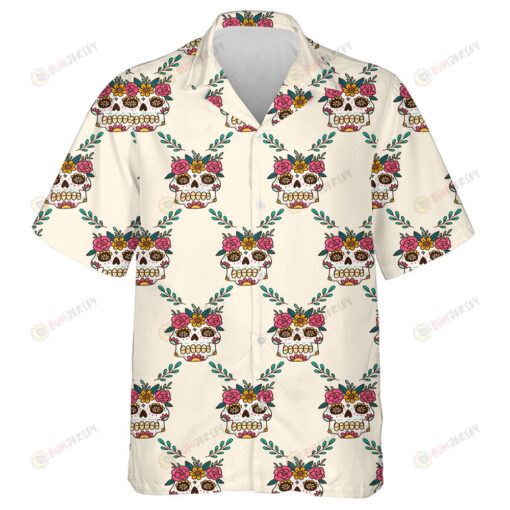 Sugar Skull Mexican With Floral Wreath Hawaiian Shirt