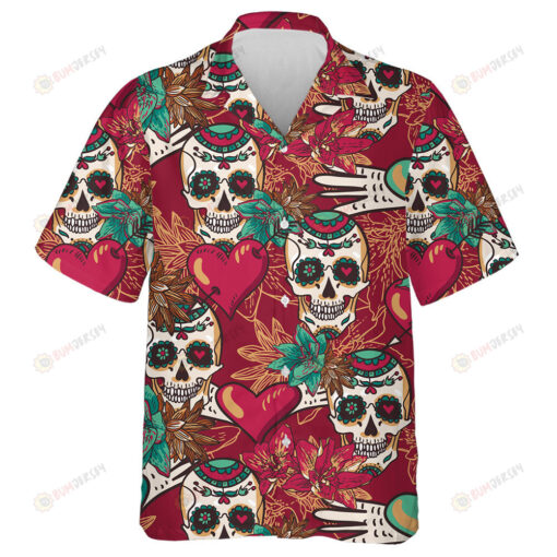 Sugar Skull Mexican With Hearts And Plants Hawaiian Shirt