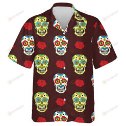 Sugar Skulls Mexican And Roses Background Hawaiian Shirt