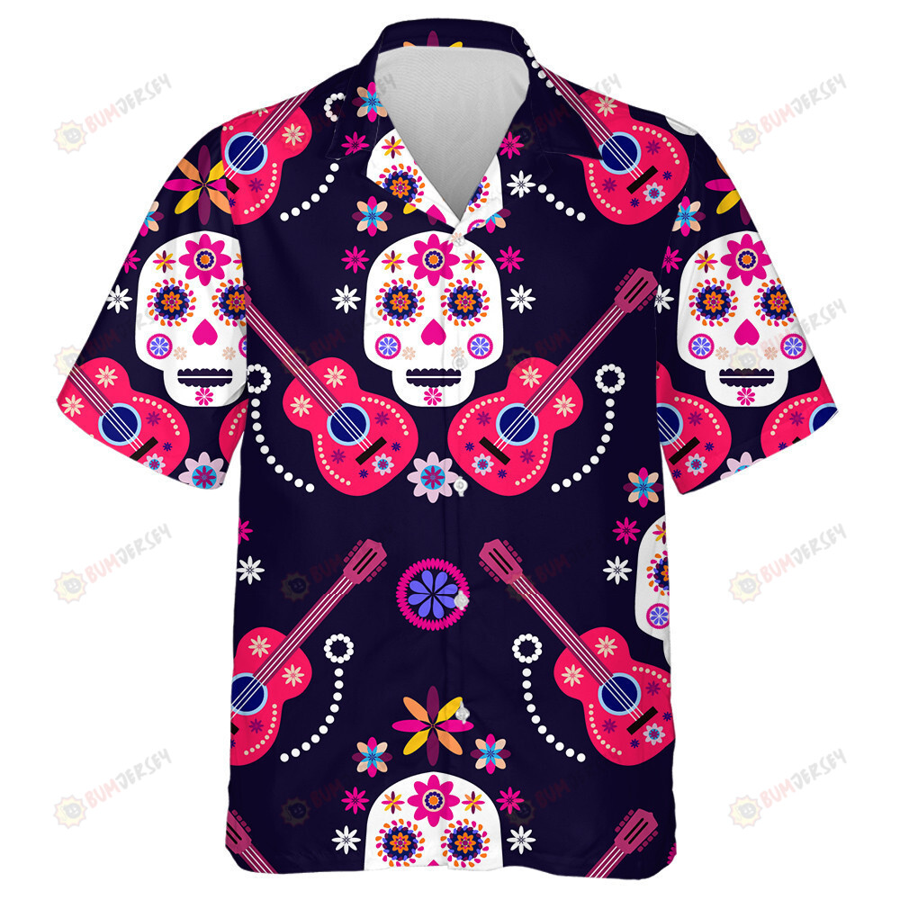 Sugar Skulls With Guitar And Colorful Flowers Hawaiian Shirt