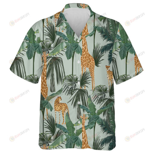Summer Tropical Jungle Pattern With Palm Trees Giraffes And Leopards Hawaiian Shirt