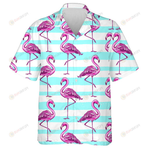 Summer With Pink Flamingo And Blue Lines Hawaiian Shirt