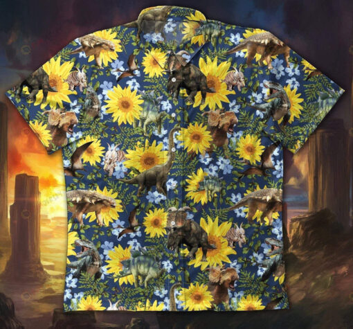 Sunflower Dinosaur Aloha Hawaiian Shirts Beach Short Sleeve