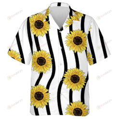 Sunflower Hippie Symbol On Black Wavy Striped Background Hawaiian Shirt