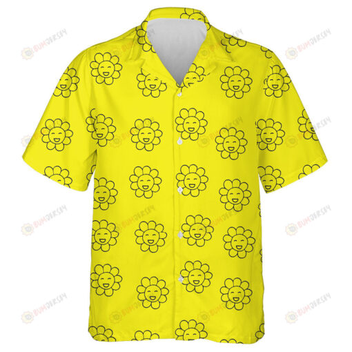 Sunflower With Eyes And Smiley Face Illustration On Yellow Background Hawaiian Shirt