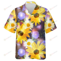 Sunflowers And Blossoms Linen Close Up On Dark Blue Abstract Background Hawaiian Shirt