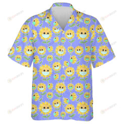 Sunflowers Cartoon Characters Wear Face Masks On Blue Background Hawaiian Shirt