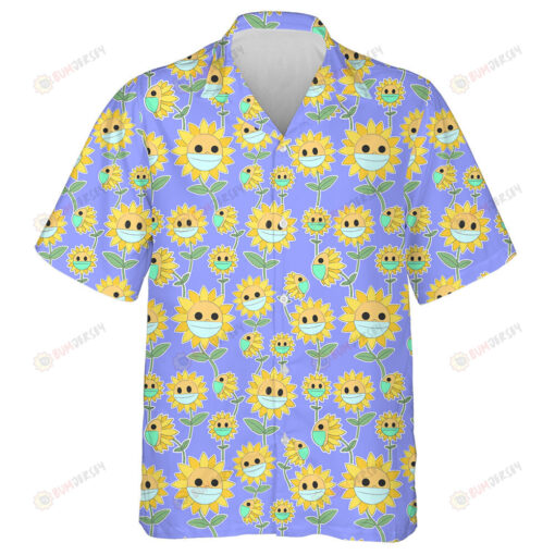 Sunflowers Cartoon Characters Wear Face Masks On Blue Background Hawaiian Shirt