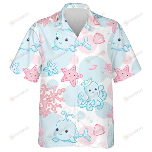 Sweet Blue And Pink Cartoon Fishes Sea Character Design Hawaiian Shirt